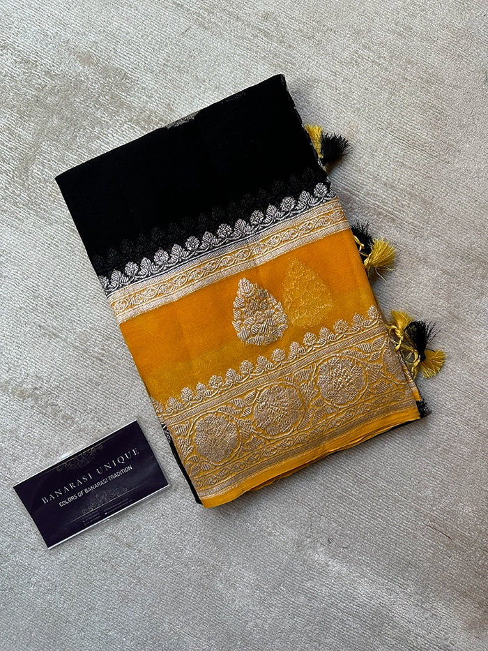 KHADDI CHIFFON DOUBLE BORDER SAREE - CONTRAST BORDER BLACK WITH MUSTARD