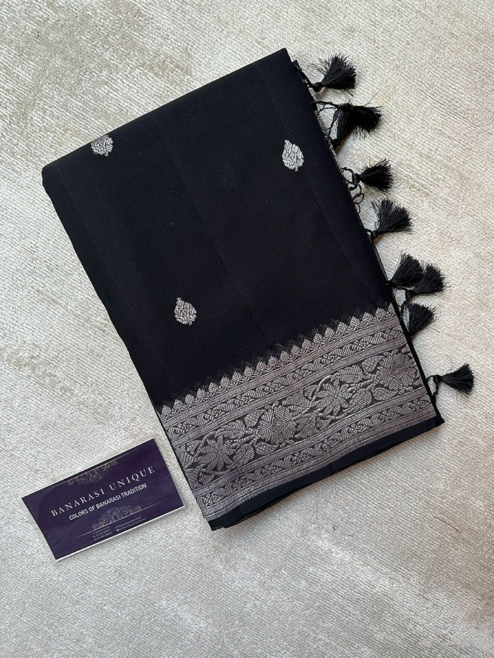 KHADDI CHIFFON SILVER ZARI KADHUWA SAREE - BLACK