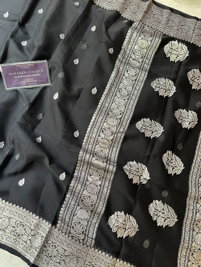 KHADDI CHIFFON SILVER ZARI KADHUWA SAREE - BLACK