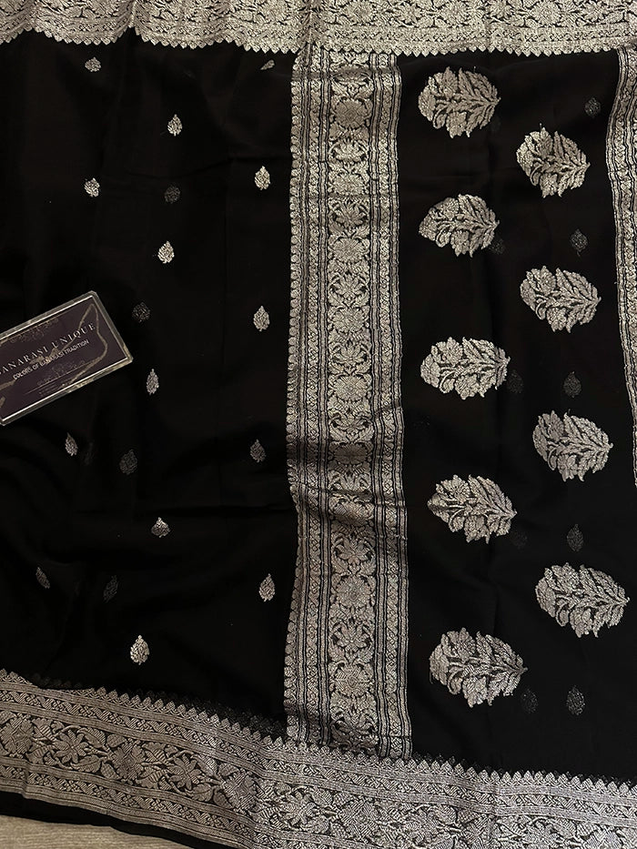 KHADDI CHIFFON SILVER ZARI KADHUWA SAREE - BLACK