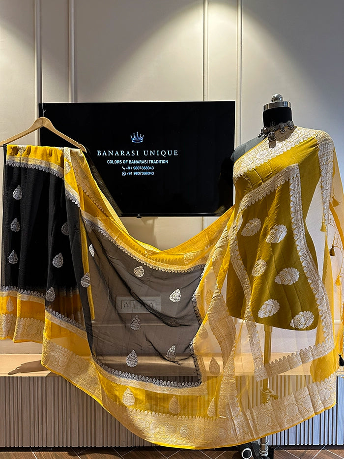 KHADDI CHIFFON DOUBLE BORDER SAREE - CONTRAST BORDER BLACK WITH MUSTARD