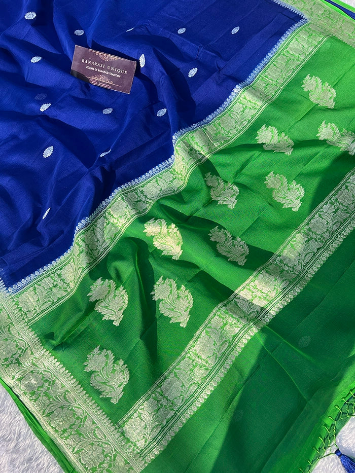 KHADDI CHIFFON SILVER ZARI KADHUWA SAREE - CONTRAST BORDER BLUE WITH GREEN