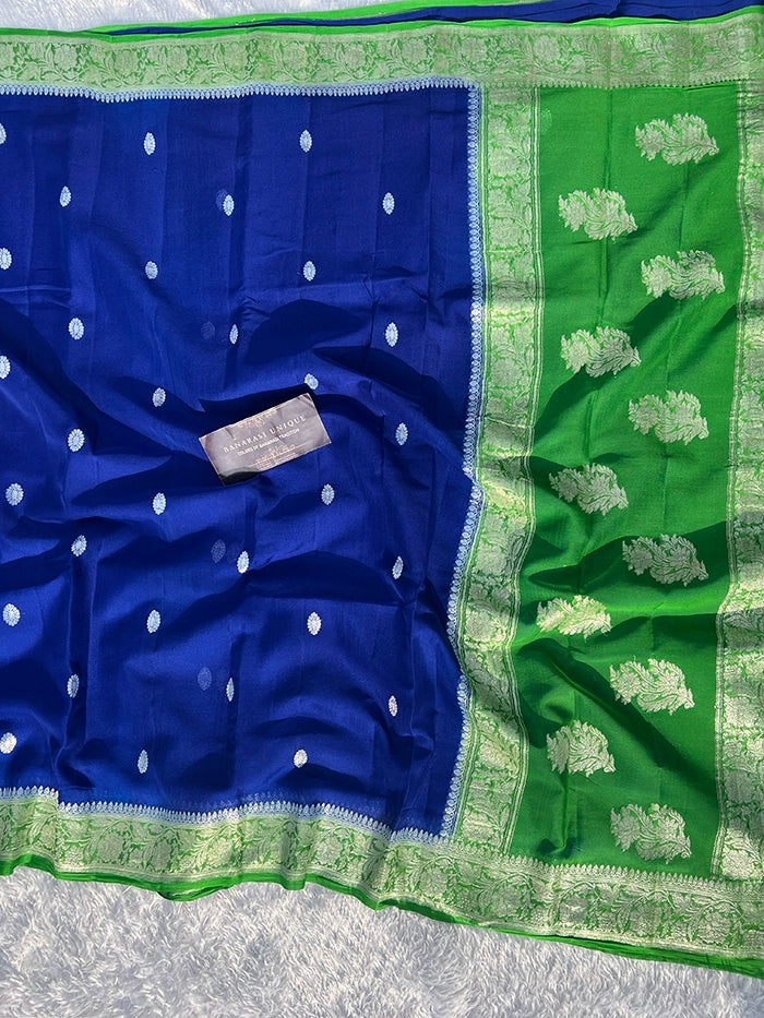 KHADDI CHIFFON SILVER ZARI KADHUWA SAREE - CONTRAST BORDER BLUE WITH GREEN