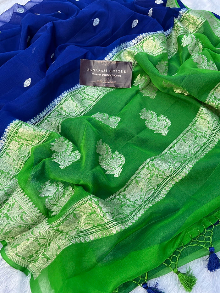 KHADDI CHIFFON SILVER ZARI KADHUWA SAREE - CONTRAST BORDER BLUE WITH GREEN