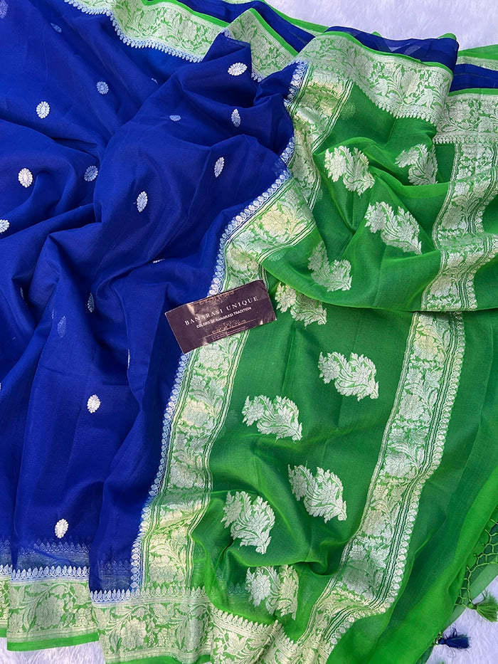 KHADDI CHIFFON SILVER ZARI KADHUWA SAREE - CONTRAST BORDER BLUE WITH GREEN