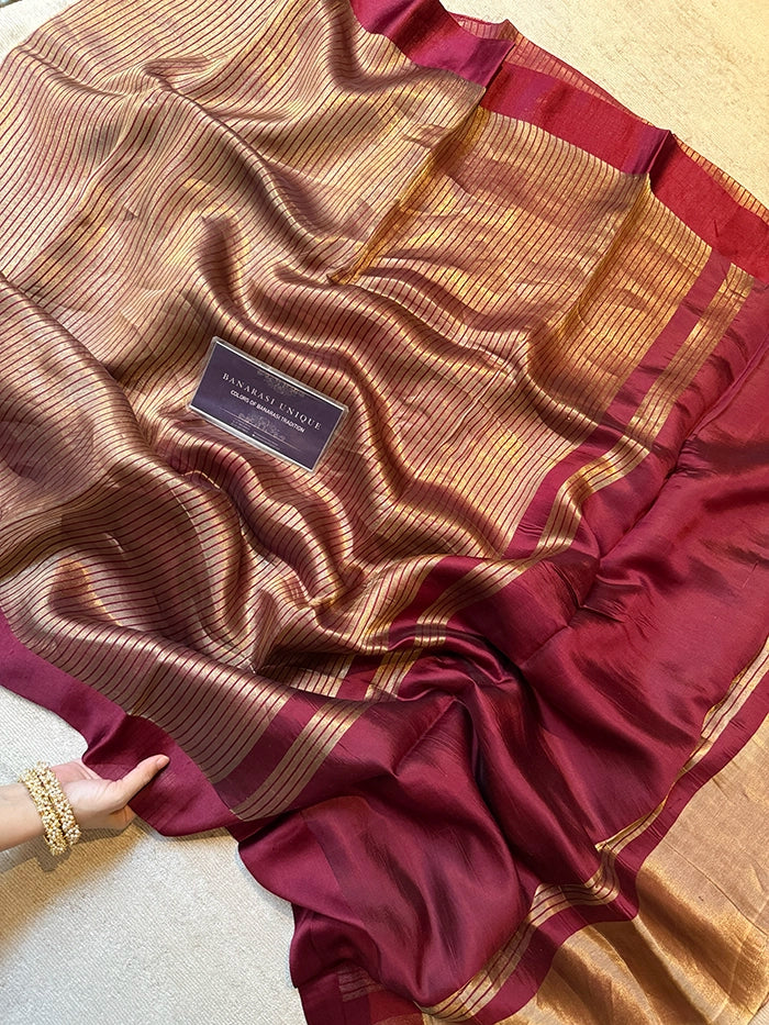 PURE TISSUE SILK STRIPES SAREE - WINE