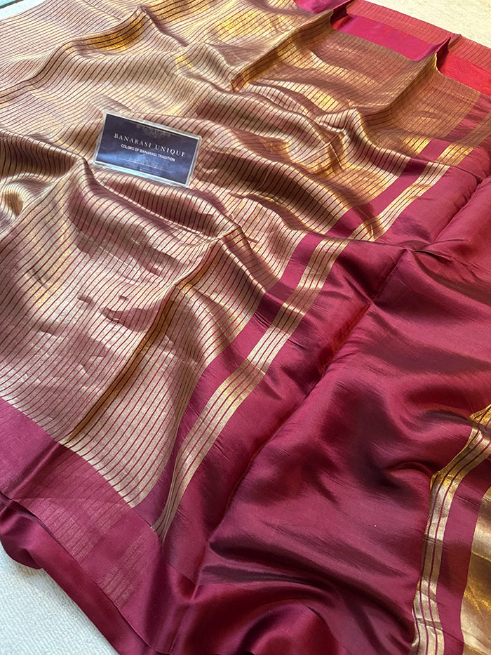 PURE TISSUE SILK STRIPES SAREE - WINE