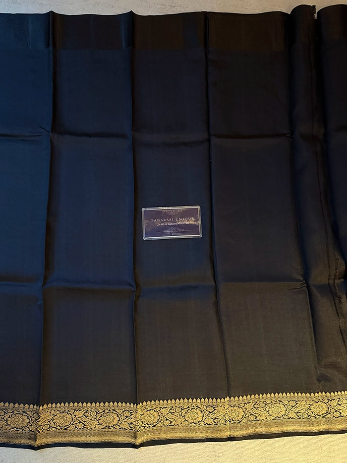 PURE KATAN SILK PLAIN ZARI BORDER SAREE - BLACK