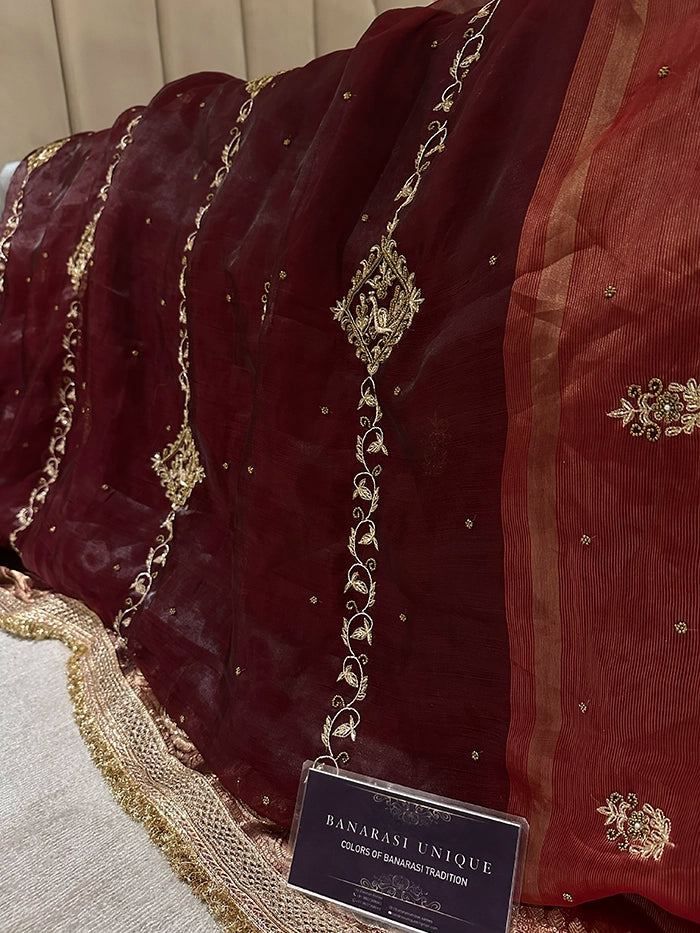 VERTICAL FLORAL PURE TISSUE SAREE - DEEP WINE
