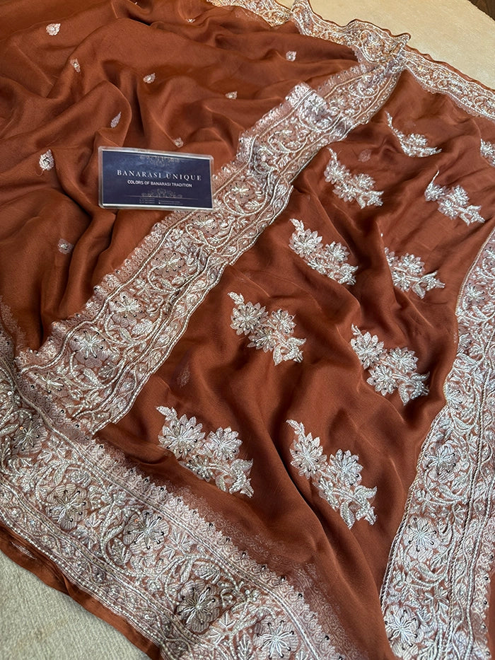 KHADDI CHIFFON ZARDOZI HAND EMBROIDERED SAREE - RUST BROWN