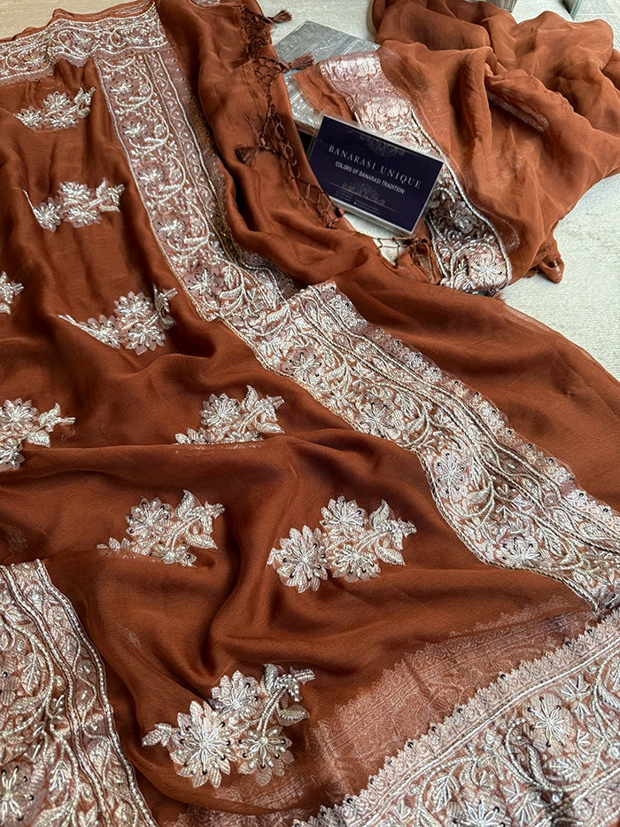 KHADDI CHIFFON ZARDOZI HAND EMBROIDERED SAREE - RUST BROWN