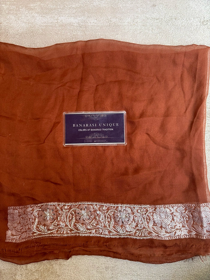 KHADDI CHIFFON ZARDOZI HAND EMBROIDERED SAREE - RUST BROWN