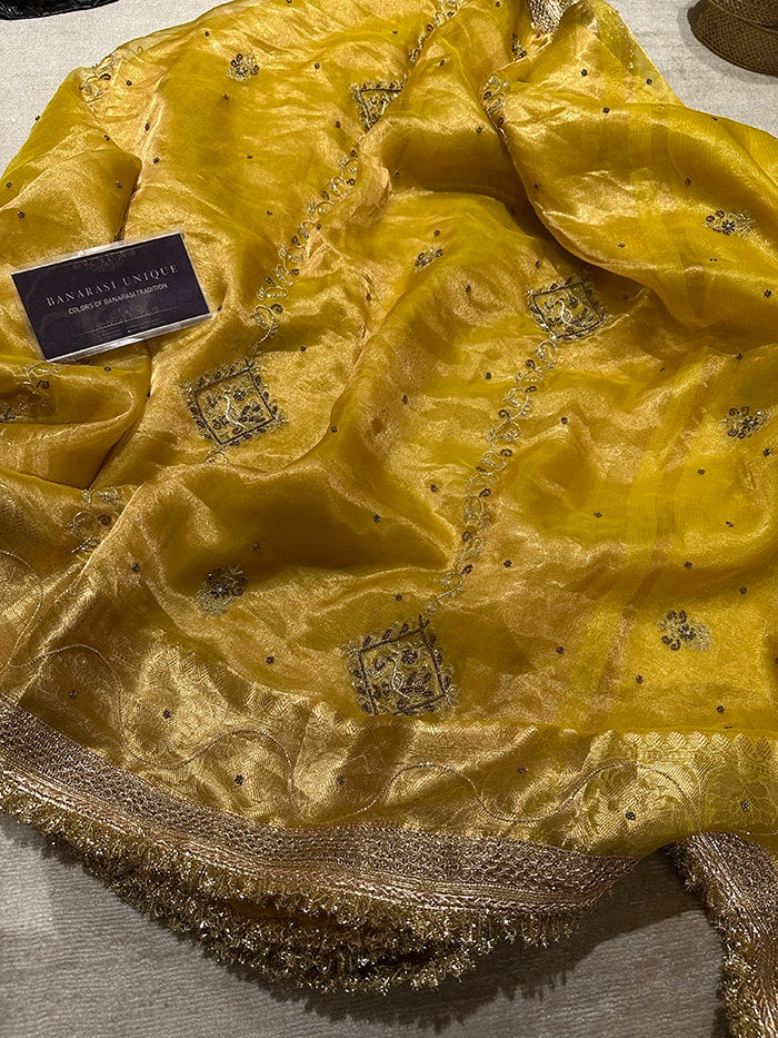 VERTICAL FLORAL PURE TISSUE SAREE - YELLOW