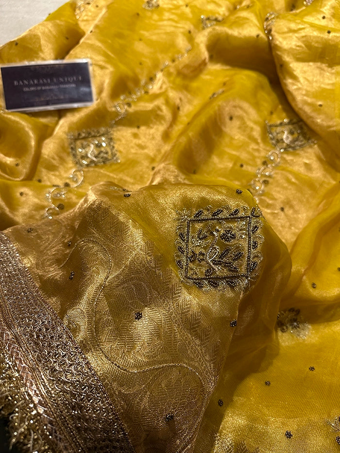 VERTICAL FLORAL PURE TISSUE SAREE - YELLOW