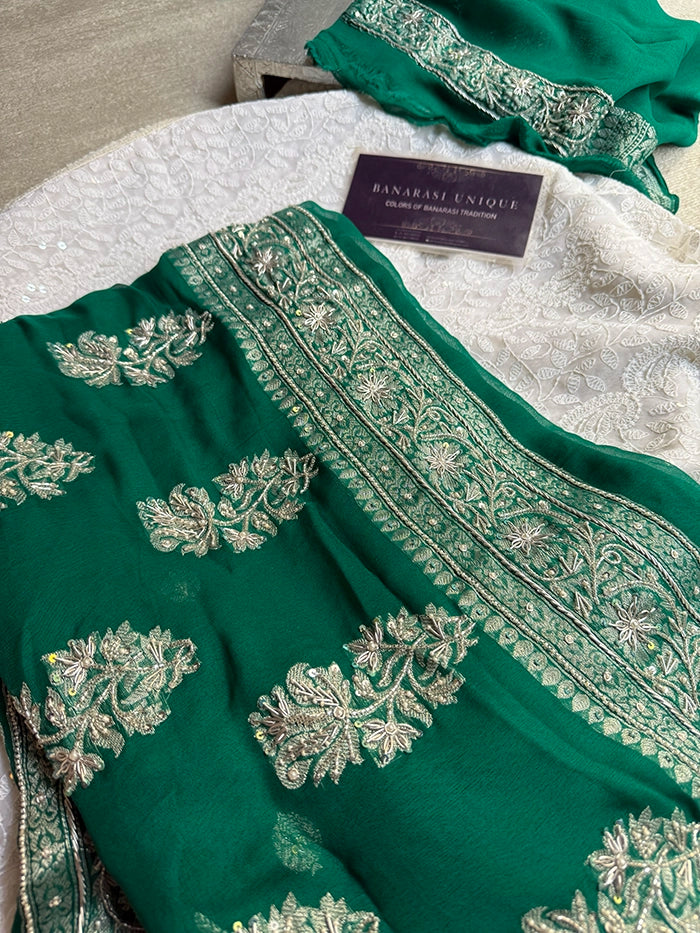 KHADDI CHIFFON ZARDOZI HAND EMBROIDERED SAREE - EMERALD GREEN