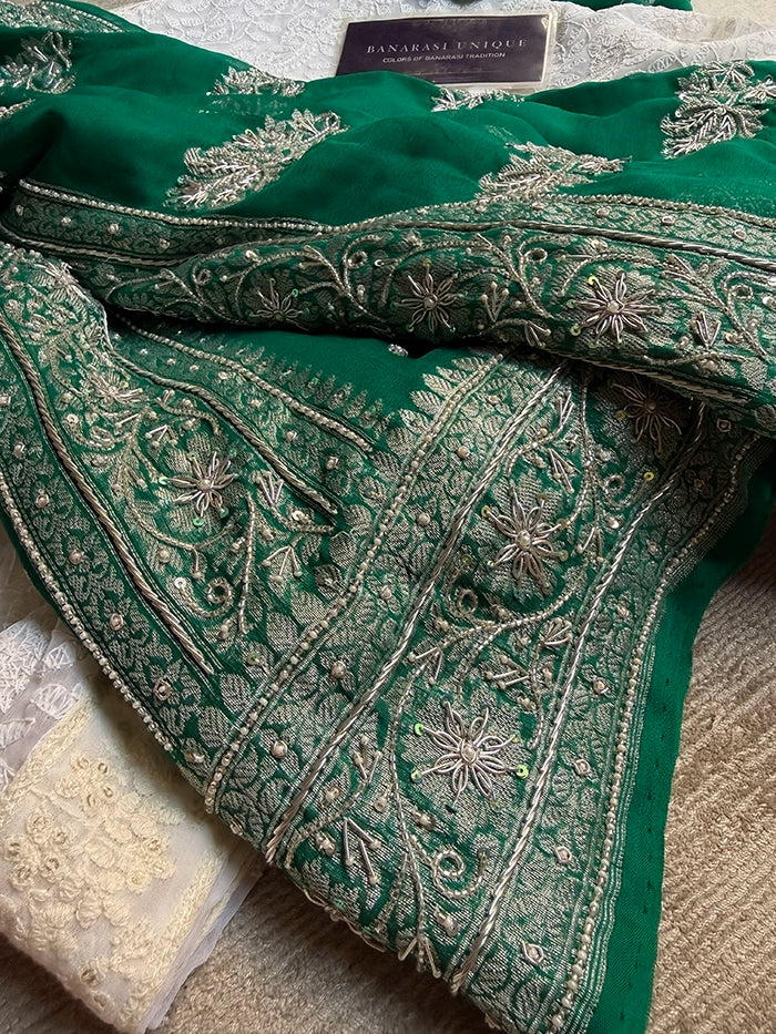 KHADDI CHIFFON ZARDOZI HAND EMBROIDERED SAREE - EMERALD GREEN