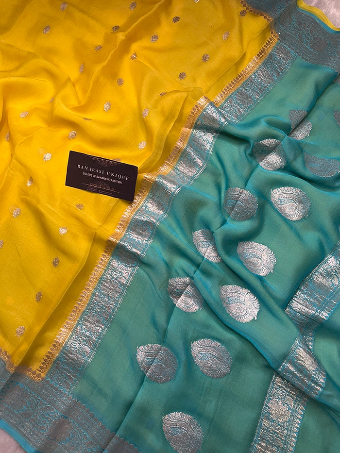 KHADDI CHIFFON SILVER ZARI KADHUWA SAREE - CONTRAST BORDER YELLOW WITH SEA BLUE