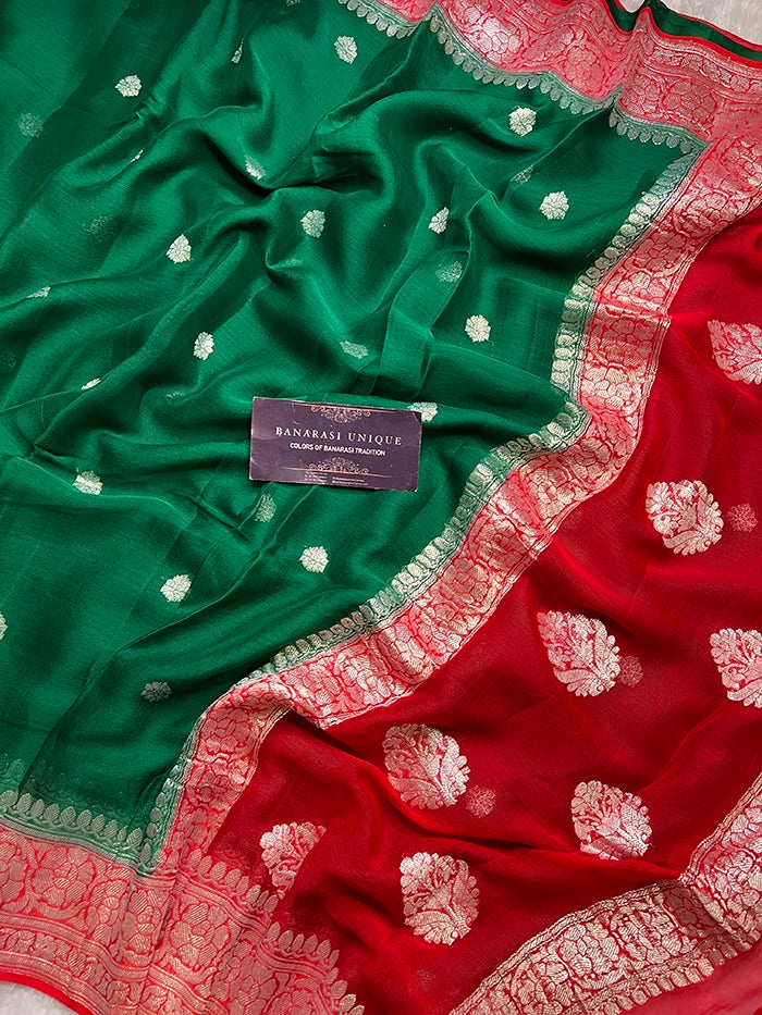 KHADDI CHIFFON SILVER ZARI KADHUWA SAREE - CONTRAST BORDER RED WITH BOTTLE GREEN