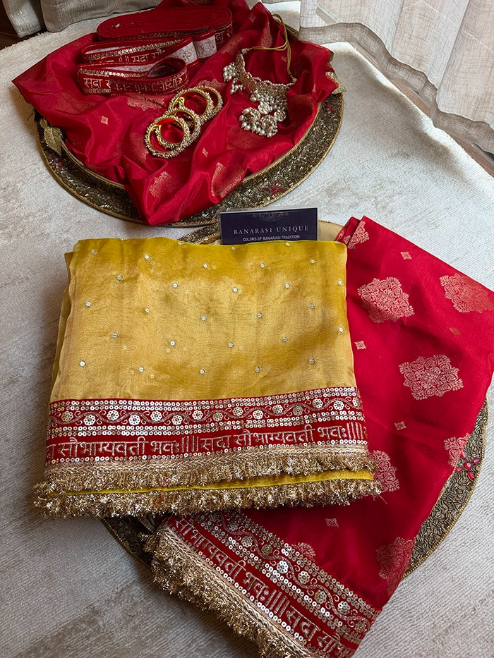 SAUBHAGYAWATI HAND EMBROIDERED TISSUE SAREE - MUSTARD YELLOW RED BORDER