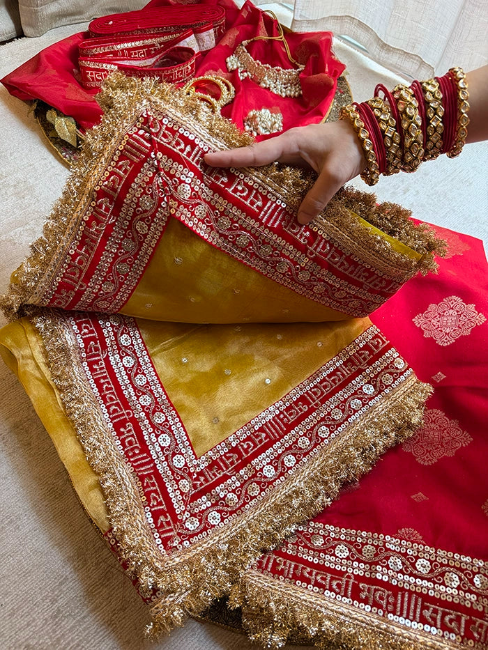 SAUBHAGYAWATI HAND EMBROIDERED TISSUE SAREE - MUSTARD YELLOW RED BORDER