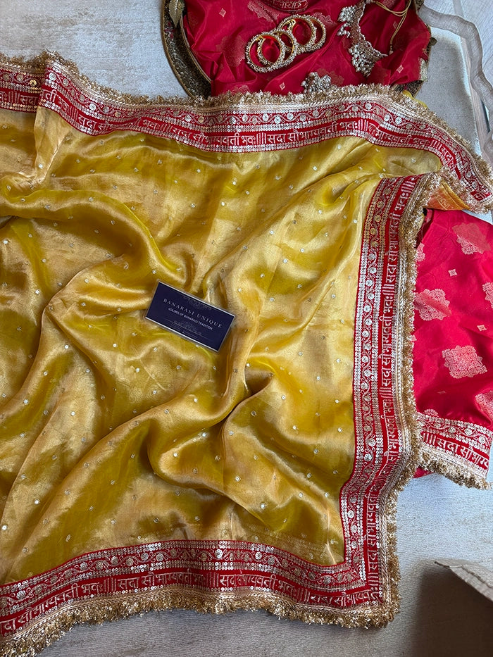 SAUBHAGYAWATI HAND EMBROIDERED TISSUE SAREE - MUSTARD YELLOW RED BORDER