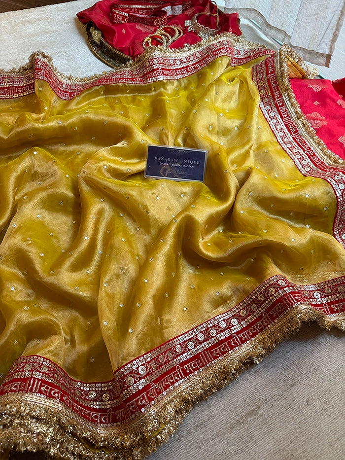 SAUBHAGYAWATI HAND EMBROIDERED TISSUE SAREE - MUSTARD YELLOW RED BORDER