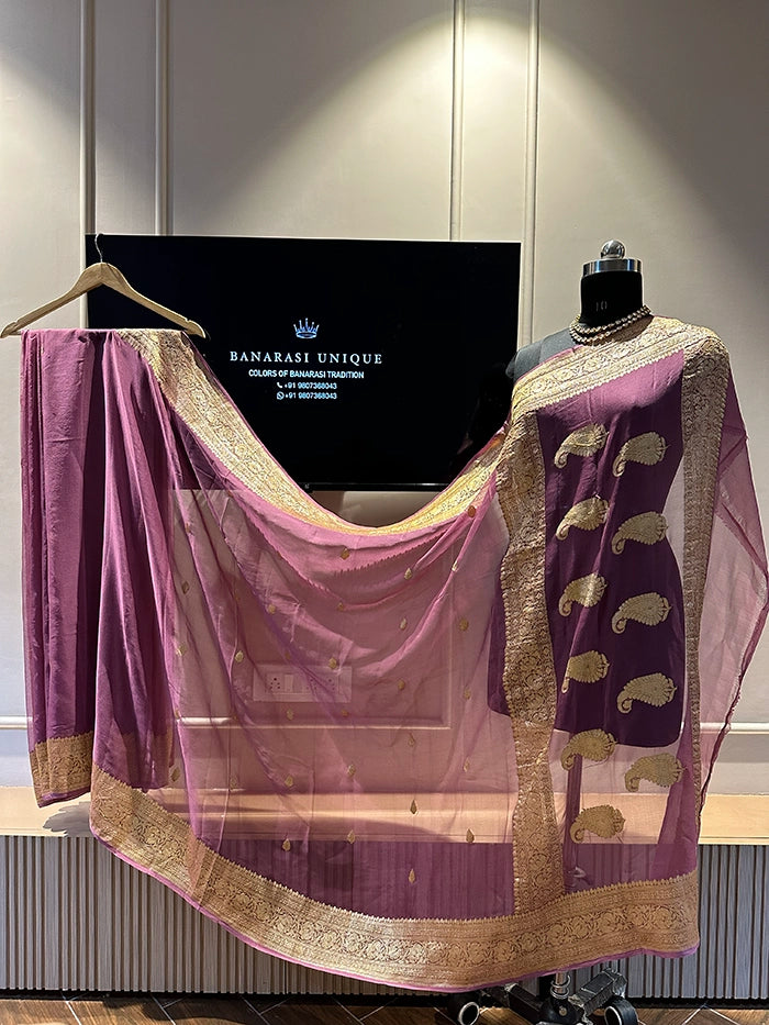 KHADDI CHIFFON GOLD ZARI KADHUWA SAREE - MAUVE