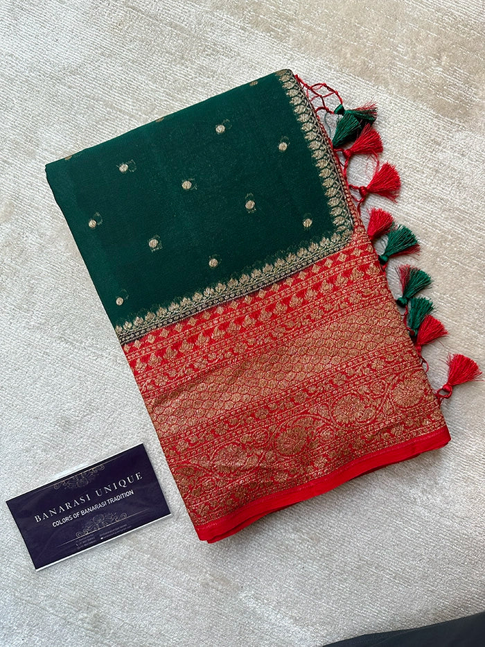 KHADDI GEORGETTE SKIRT BORDER CIRCLE BUTI ANTIQUE ZARI SAREE - BOTTLE GREEN WITH RED