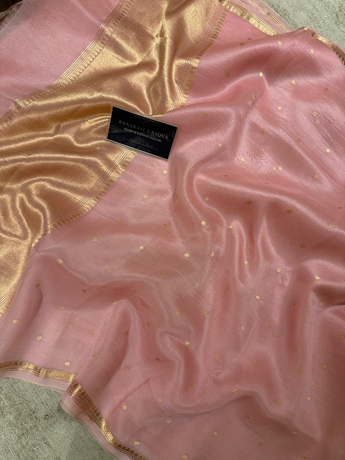 PURE KADHUA ORGANZA SITARA BUTI SAREE - BABY PINK