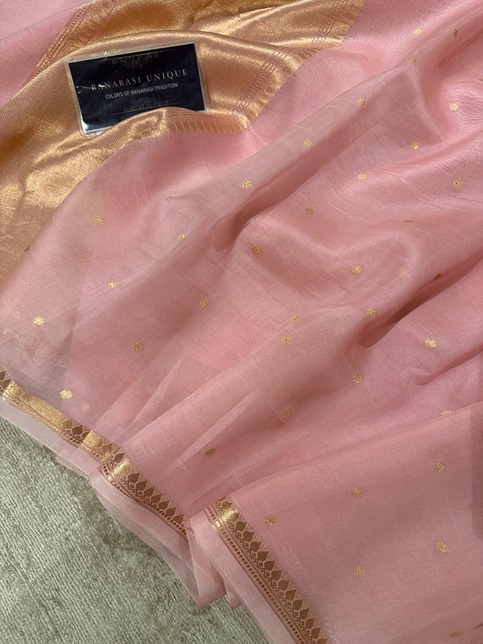 PURE KADHUA ORGANZA SITARA BUTI SAREE - BABY PINK