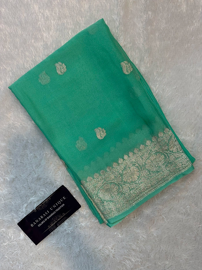KHADDI CHIFFON SILVER ZARI KADHUWA SAREE - SEA GREEN