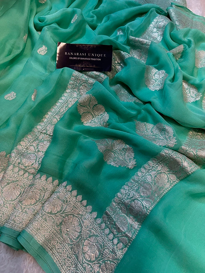 KHADDI CHIFFON SILVER ZARI KADHUWA SAREE - SEA GREEN