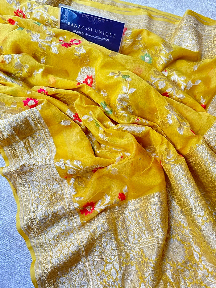 KHADDI GEORGETTE MEENAKARI WATER ZARI SAREE - YELLOW