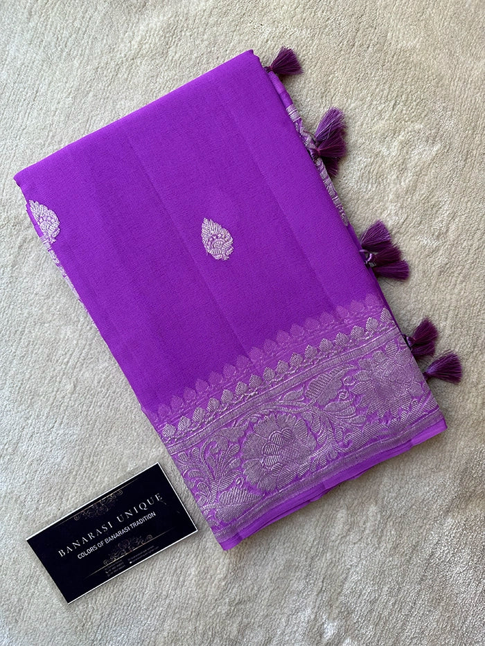 KHADDI CHIFFON SILVER ZARI KADHUWA SAREE - DEEP LAVENDER