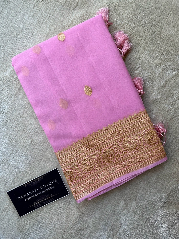 KHADDI CHIFFON GOLD ZARI KADHUWA SAREE - BABY PINK