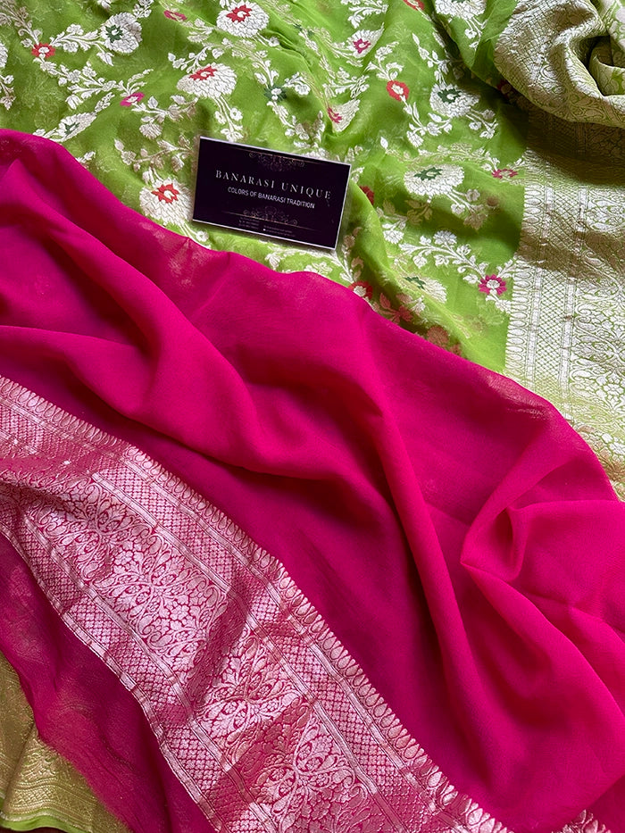 KHADDI GEORGETTE MEENAKARI WATER ZARI SAREE - NEON GREEN