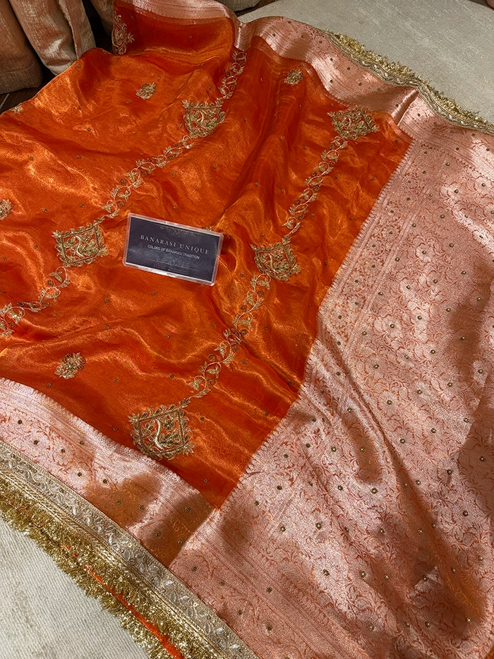 VERTICAL FLORAL PURE TISSUE SAREE - ORANGE