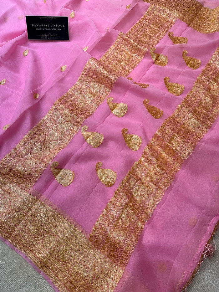 KHADDI CHIFFON GOLD ZARI KADHUWA SAREE - BABY PINK