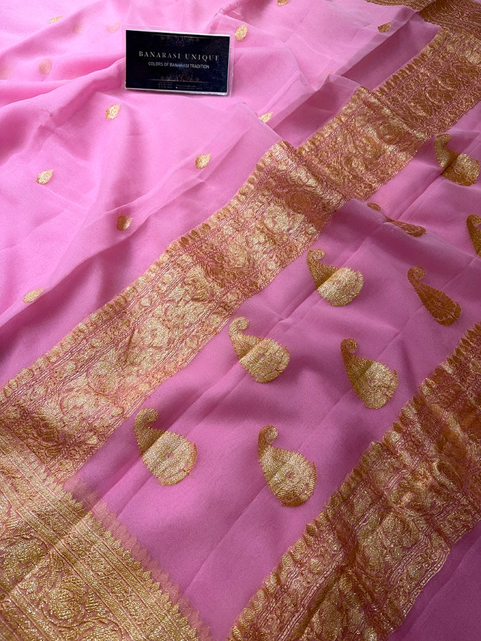 KHADDI CHIFFON GOLD ZARI KADHUWA SAREE - BABY PINK