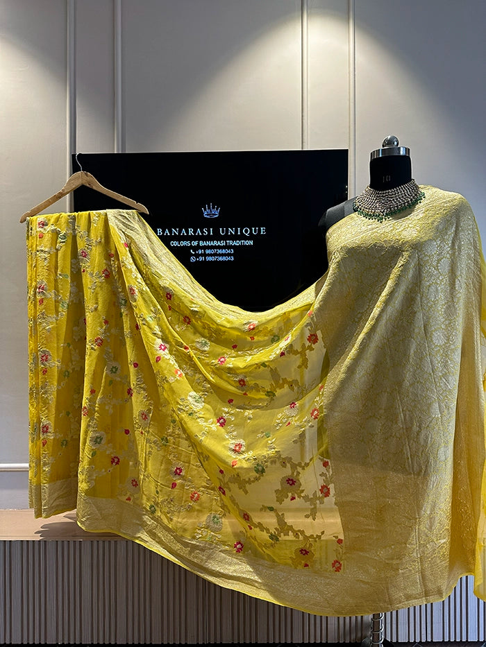 KHADDI GEORGETTE MEENAKARI WATER ZARI SAREE - YELLOW