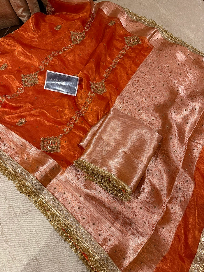 VERTICAL FLORAL PURE TISSUE SAREE - ORANGE