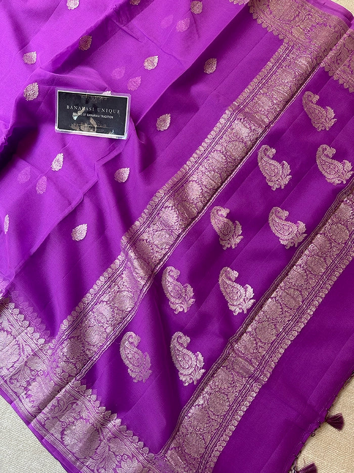 KHADDI CHIFFON SILVER ZARI KADHUWA SAREE - DEEP LAVENDER