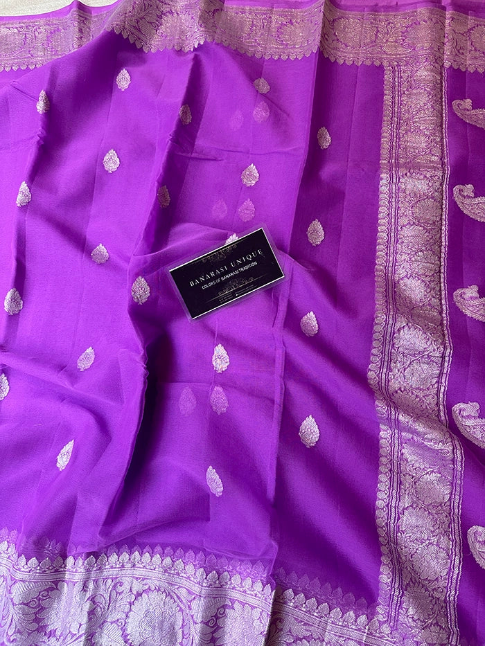 KHADDI CHIFFON SILVER ZARI KADHUWA SAREE - DEEP LAVENDER