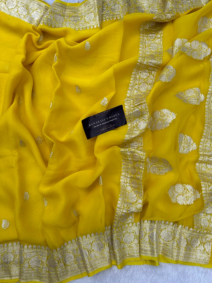KHADDI CHIFFON SILVER ZARI KADHUWA SAREE - YELLOW