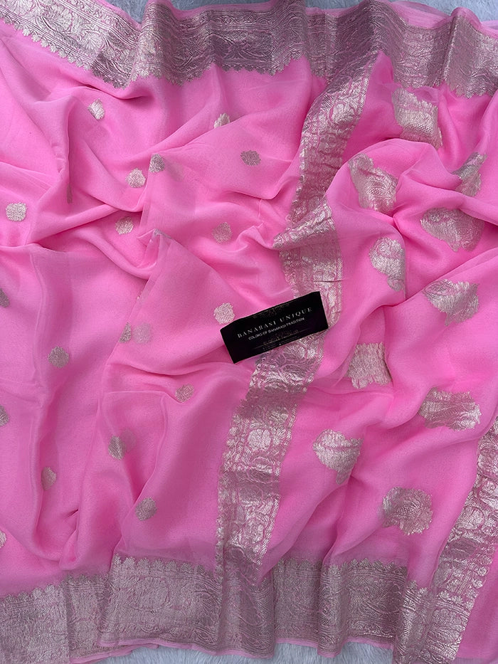 KHADDI CHIFFON SILVER ZARI KADHUWA SAREE - BABY PINK