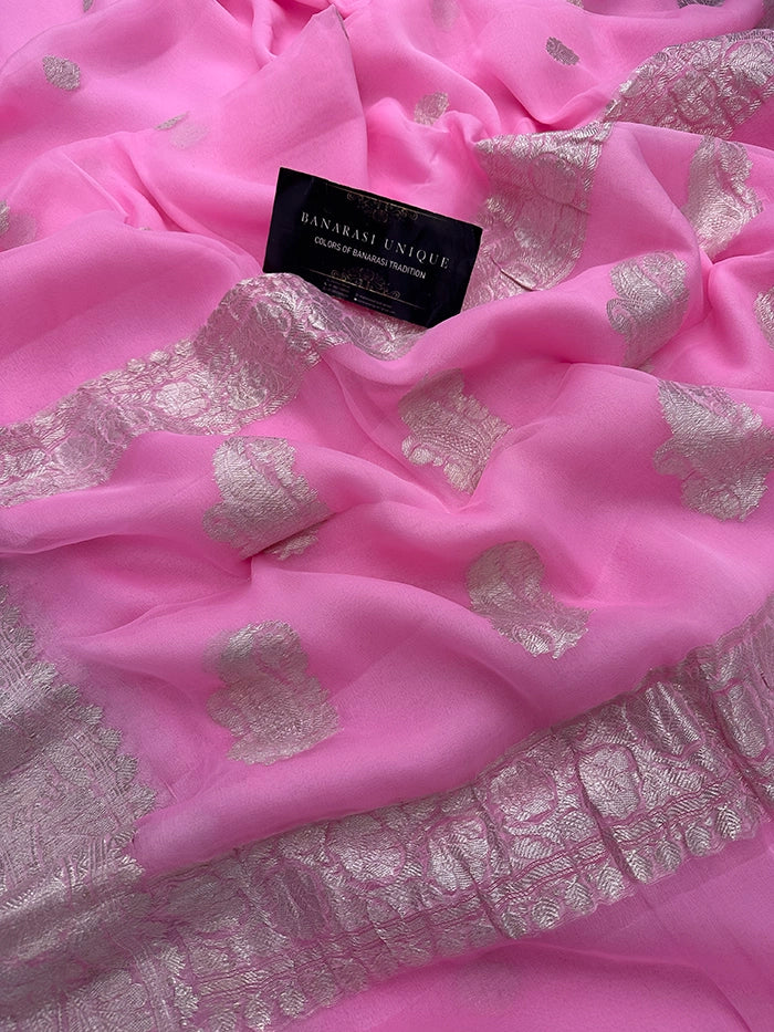 KHADDI CHIFFON SILVER ZARI KADHUWA SAREE - BABY PINK