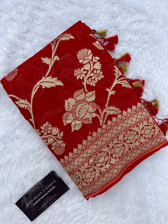 KHADDI GEORGETTE BIG FLORAL JAAL WATER ZARI SAREE - RED