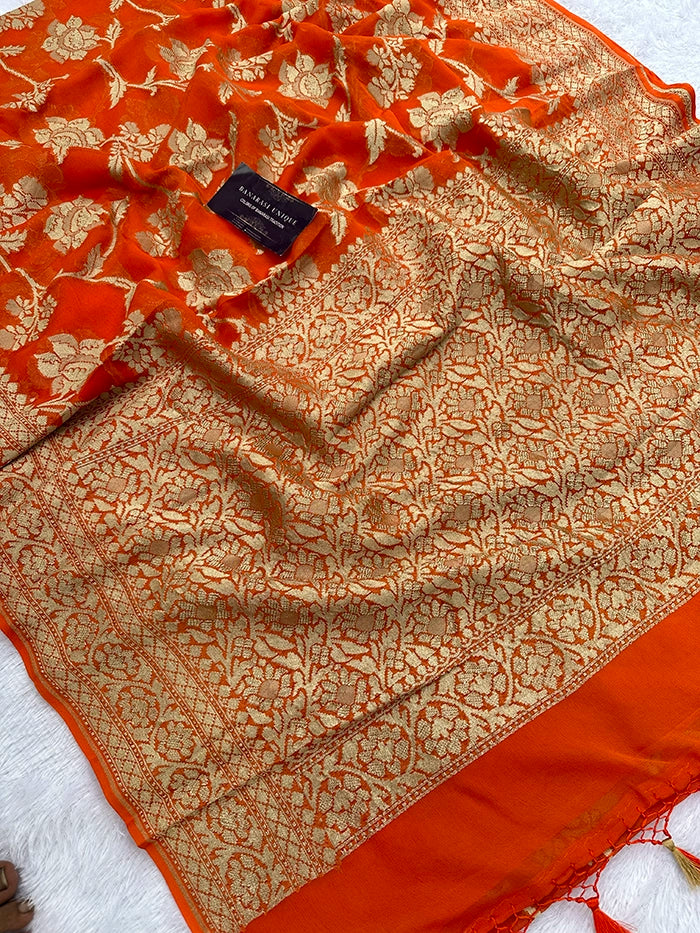 KHADDI GEORGETTE BIG FLORAL JAAL WATER ZARI SAREE - ORANGE