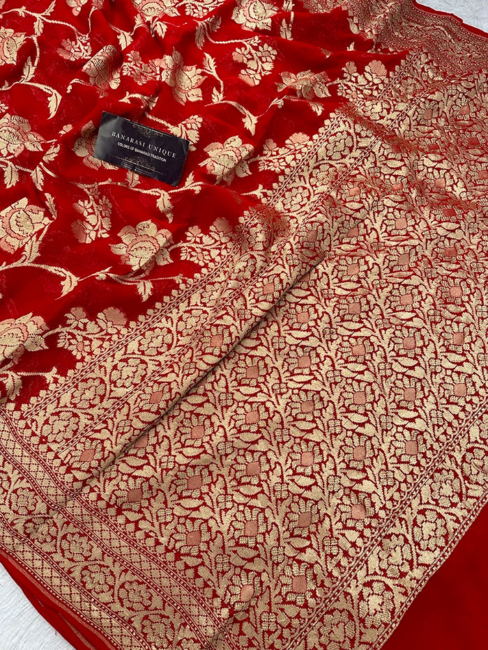 KHADDI GEORGETTE BIG FLORAL JAAL WATER ZARI SAREE - RED