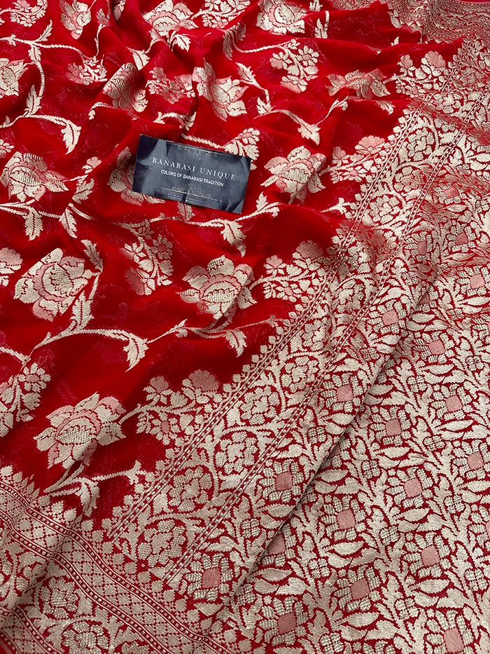 KHADDI GEORGETTE BIG FLORAL JAAL WATER ZARI SAREE - RED